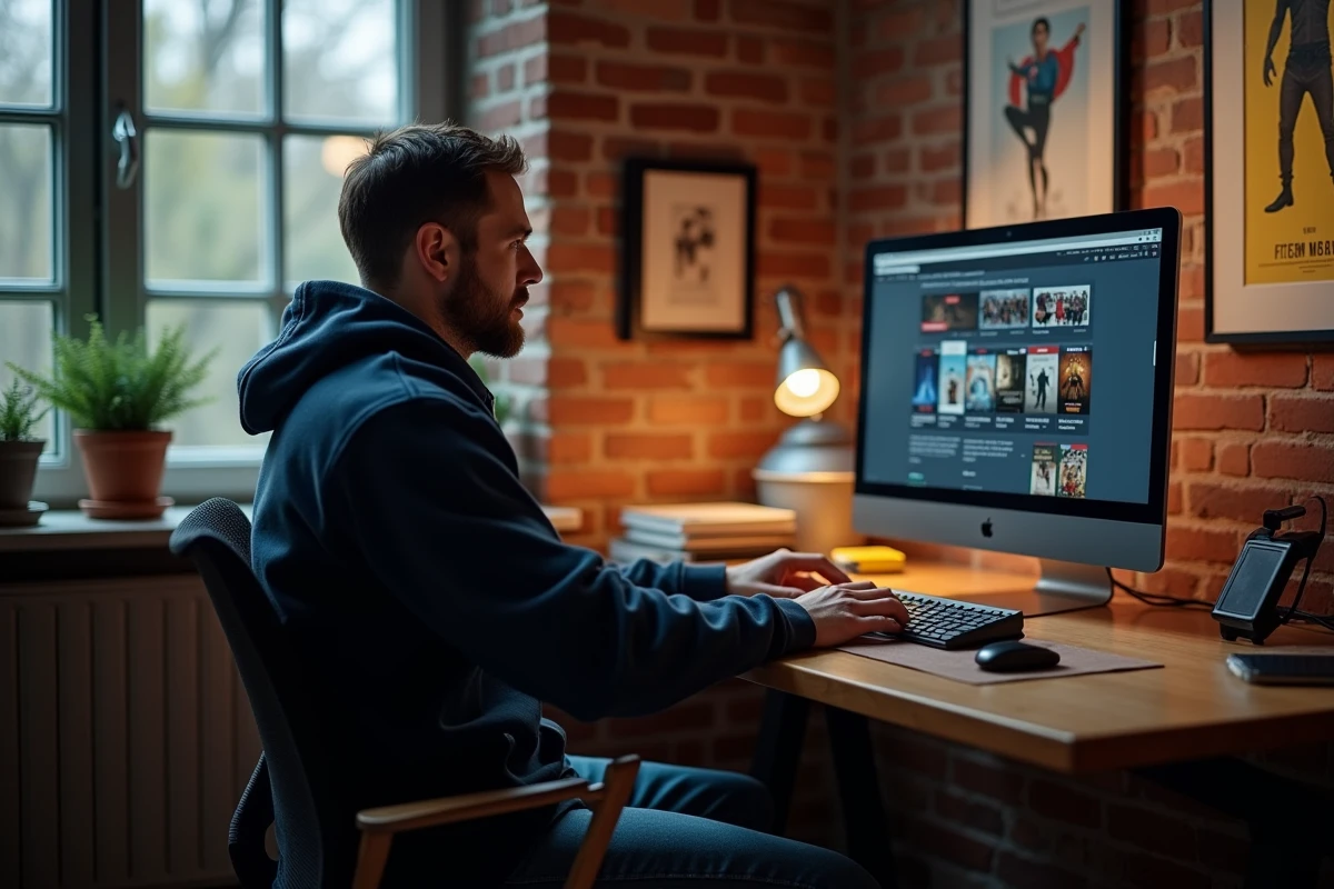 Homme cinéphile recherchant la nouvelle adresse du site 1jour1film sur son ordinateur de bureau