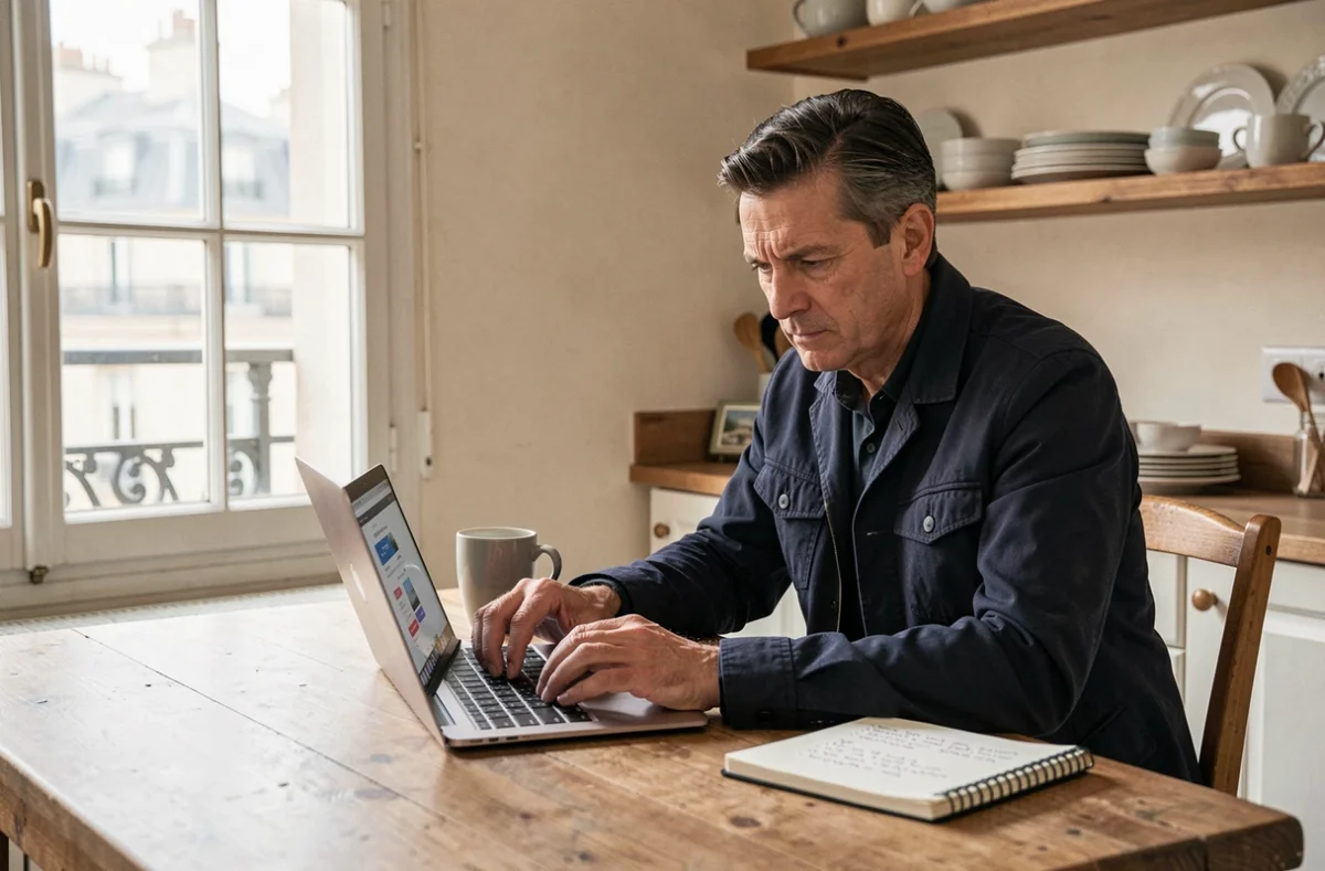 Homme comparant les prix en ligne depuis son appartement parisien avant le Black Friday 2026