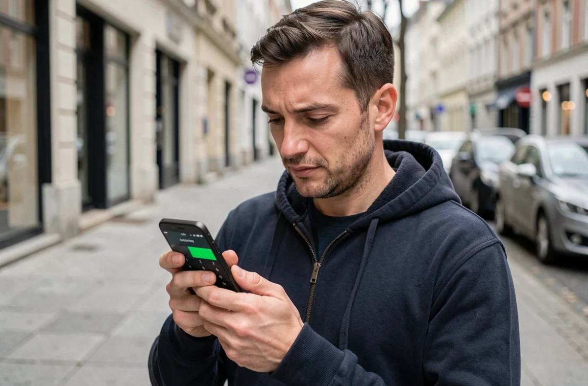 Homme utilisant son téléphone Android dans la rue pour connaître son numéro Lyca Mobile sans avoir de crédit disponible