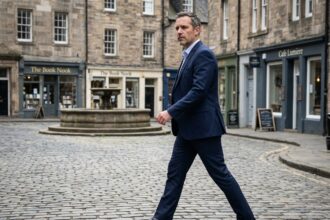 Homme en costume bleu marche dans une petite ville tranquille