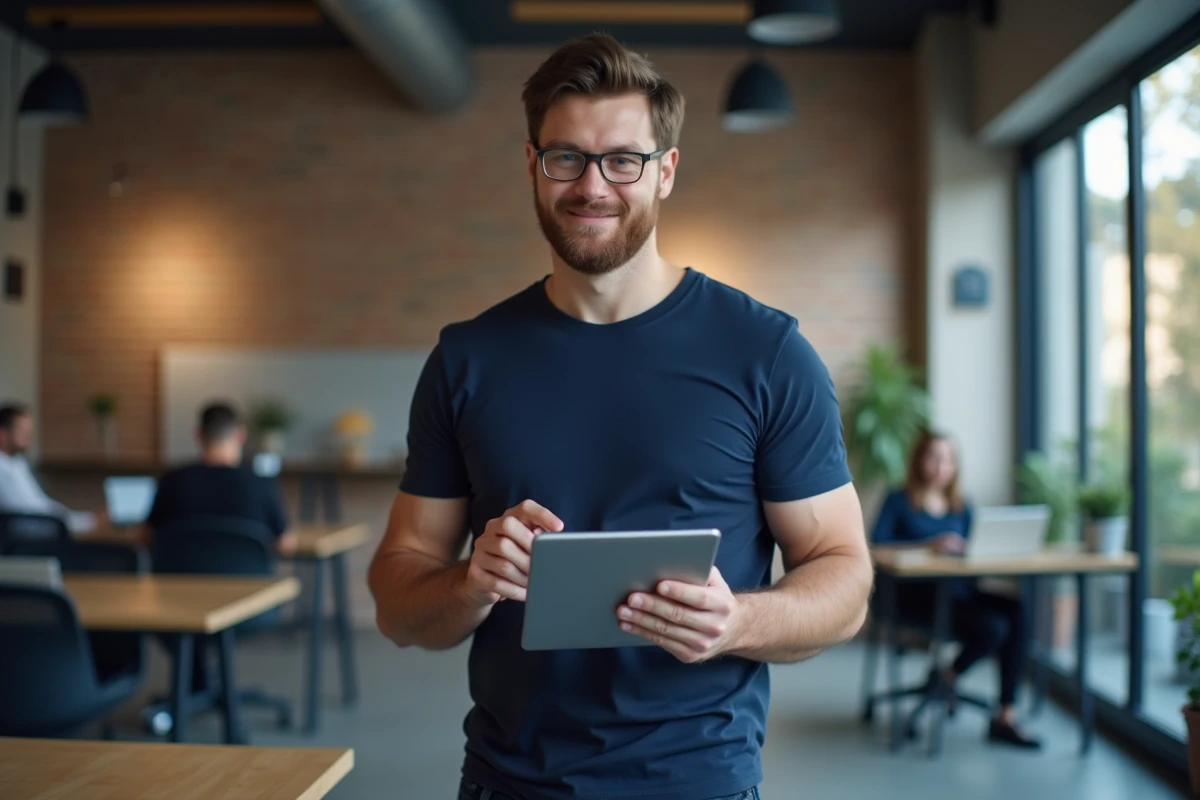 Homme en espace de coworking analysant des statistiques de réseaux sociaux sur une tablette pour optimiser ses abonnés TikTok