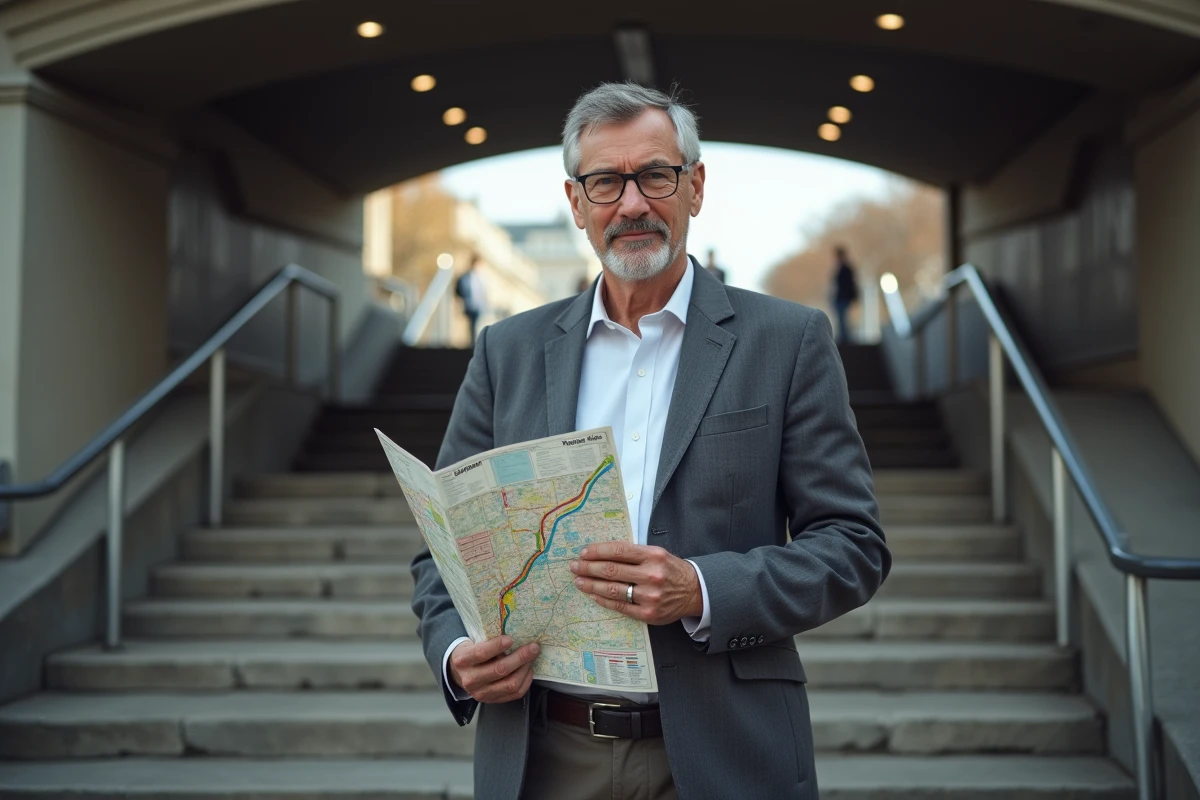 Homme avec carte du métro devant une station parisienne