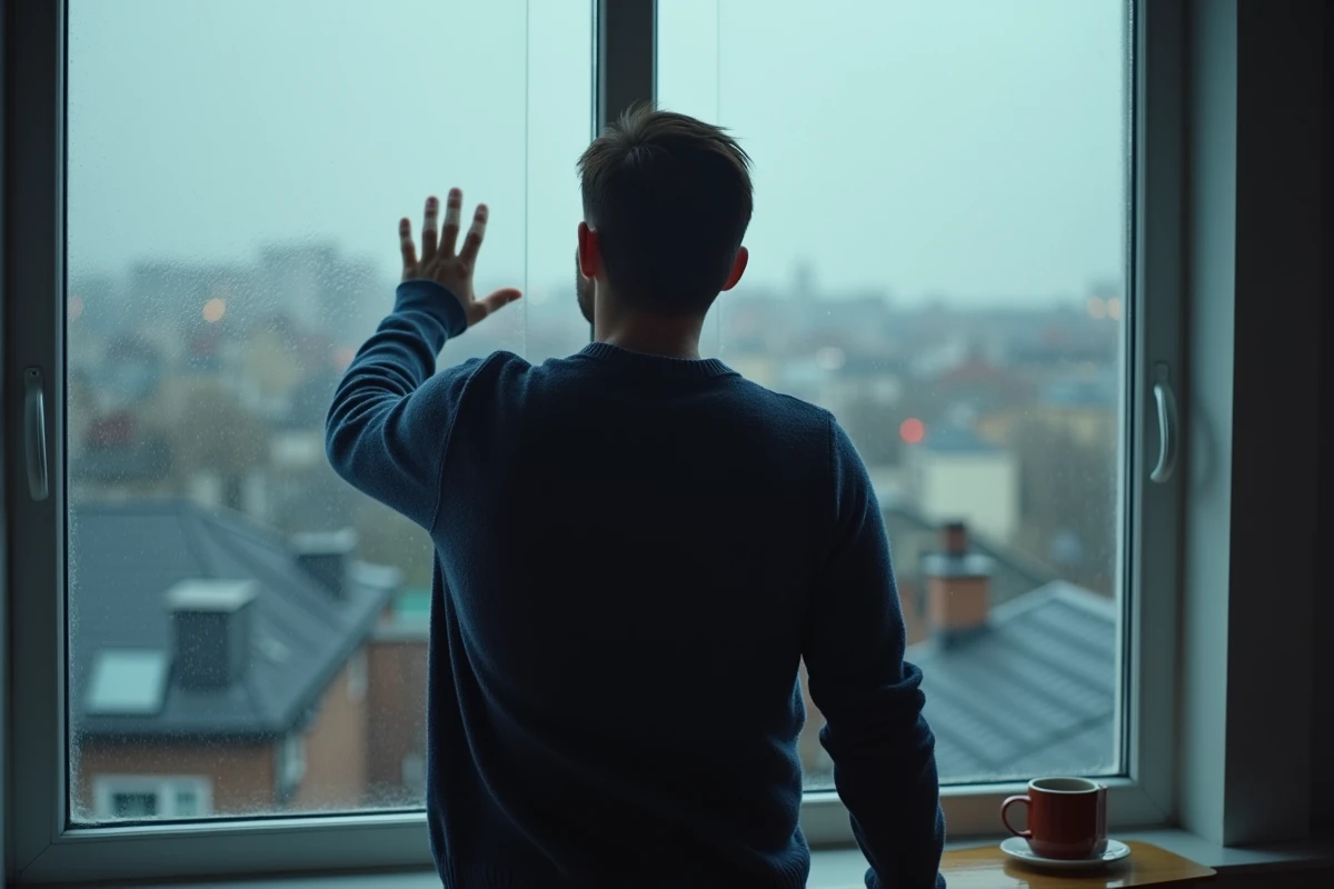 Homme seul regardant par une fenêtre sous la pluie dans un appartement urbain, évoquant la solitude et la tristesse intérieure