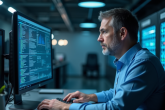 Homme informaticien en bureau moderne regardant un écran de données