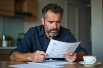Homme d'âge moyen vérifiant une facture dans une cuisine moderne