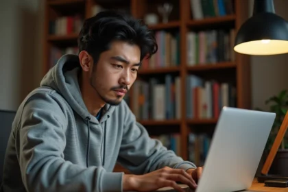 Jeune homme consultant un site de scan manga en ligne sur son ordinateur portable, entouré de volumes de mangas dans une bibliothèque à domicile