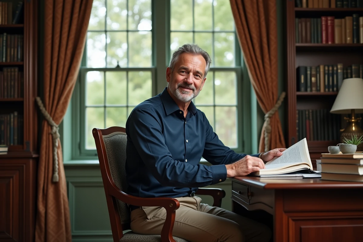 Homme lisant dans un bureau vintage avec bibliothèque