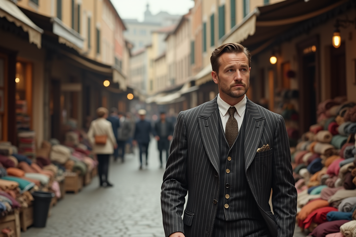 Homme en costume des années 40 dans un marché de tissus animé