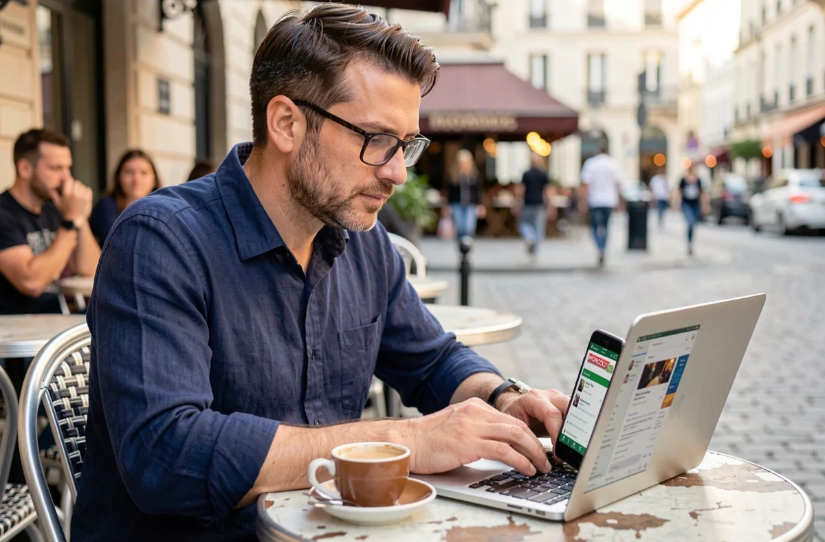 Homme analysant des stratégies Monopoly Go sur smartphone dans un café en terrasse
