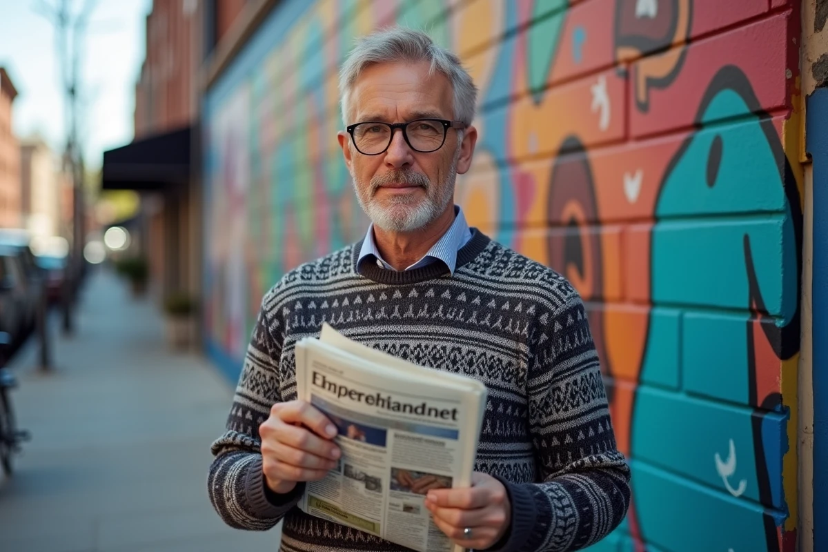 Homme avec journal devant un mur coloré en ville