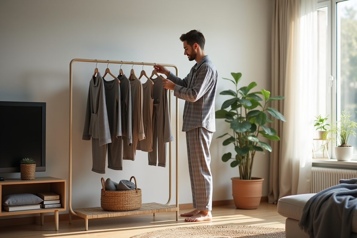 Homme organisant un vestiaire avec pyjamas dans un salon lumineux