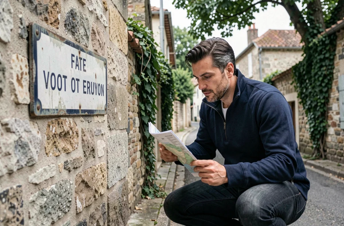 Un homme consulte un panneau de rue usé pour trouver l'impasse des Lilas dans un village français