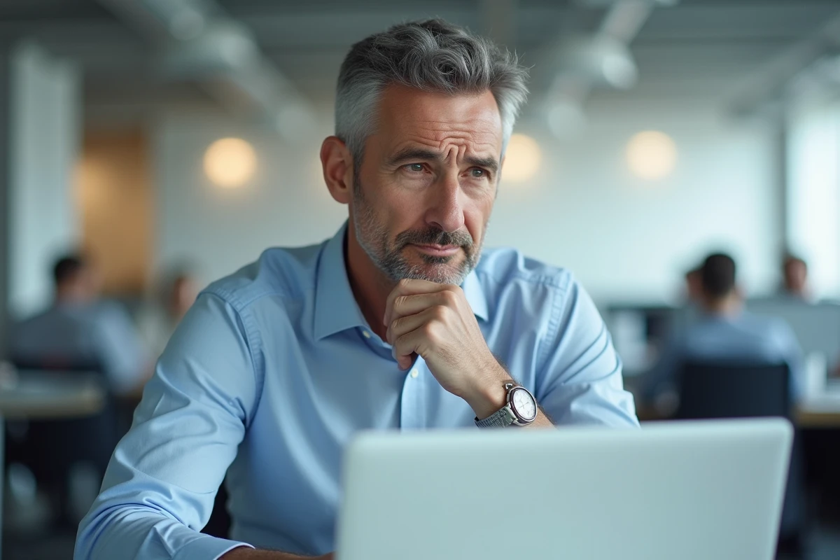 Homme perplexe devant son ordinateur portable hésitant sur une règle d'orthographe du français écrit