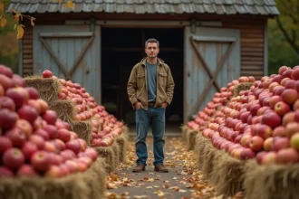 Homme d'âge moyen entre pommes et foin en ferme rustique