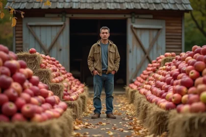 Homme d'âge moyen entre pommes et foin en ferme rustique