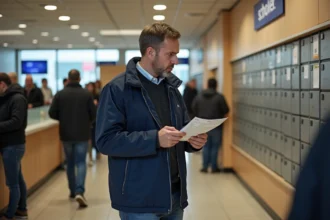 Homme d'âge moyen au bureau de poste avec avis de livraison