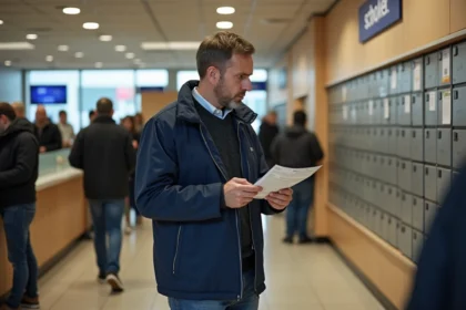 Homme d'âge moyen au bureau de poste avec avis de livraison