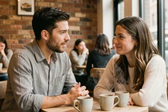 Un homme se confie à une femme dans un café, signe qu'il est amoureux
