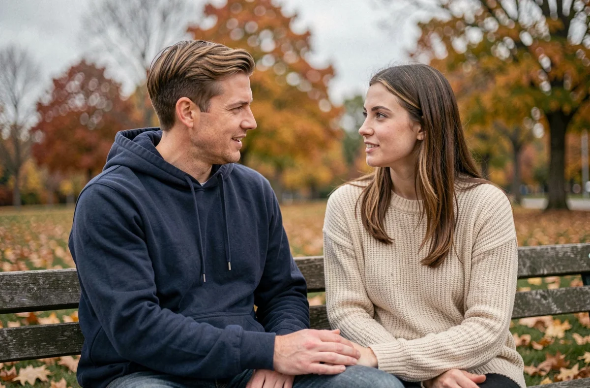 Couple assis sur un banc de parc, l'homme se confie à sa compagne en automne