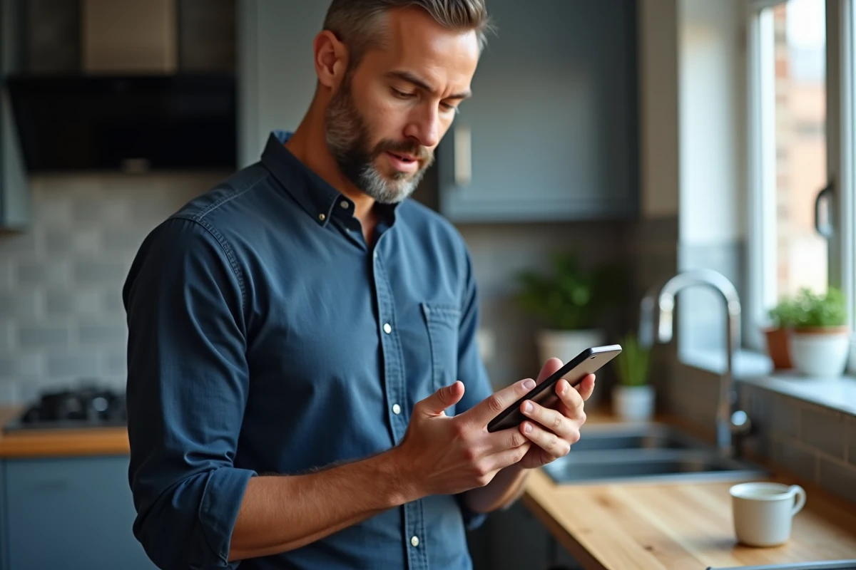 Homme consultant un lien mis à jour d'un site de film quotidien sur son smartphone dans une cuisine moderne