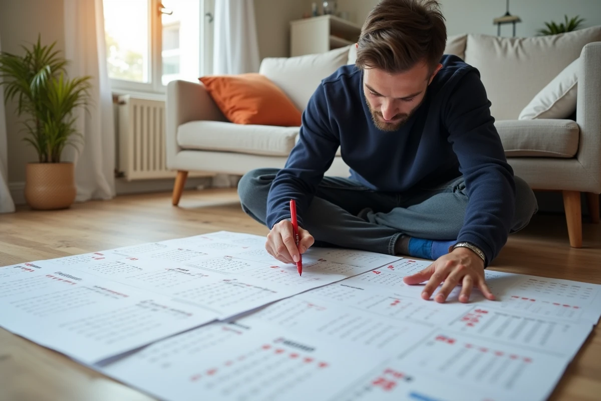 Homme assis sur le sol entouré de grandes affiches calendrier 2026 combinées annoté avec un marqueur rouge dans un salon moderne