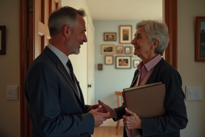 Homme en costume parle à une femme âgée à la porte de sa maison
