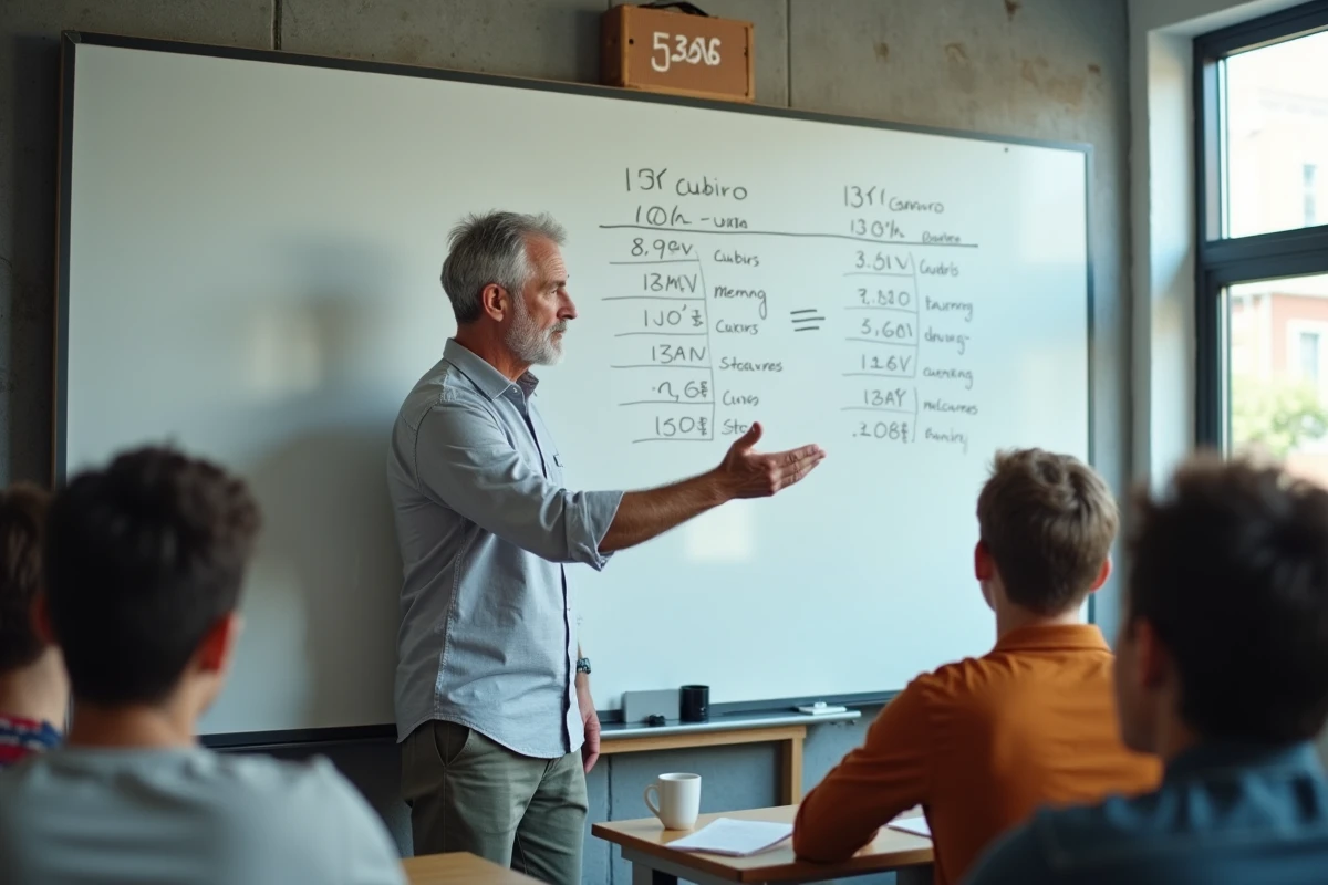 Homme explique un tableau de conversion en classe