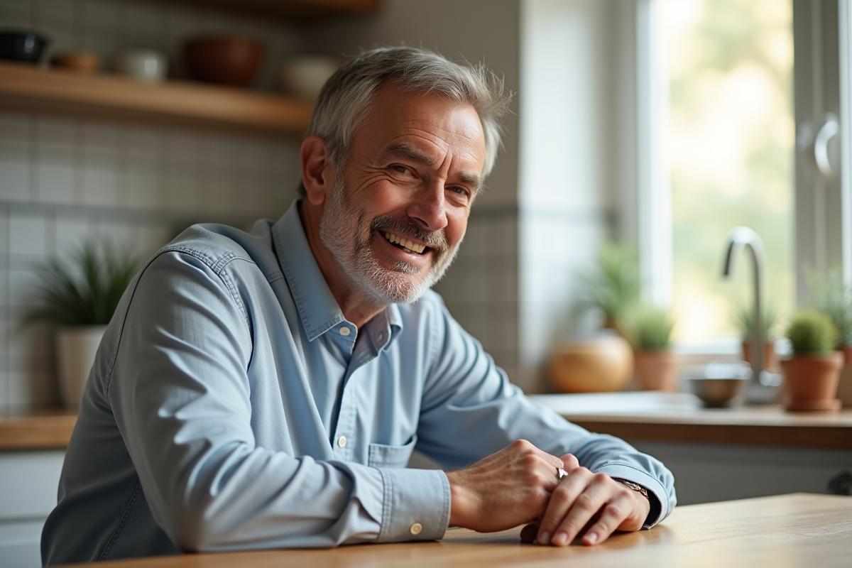 Homme en chemise coton touchant son vêtement dans la cuisine