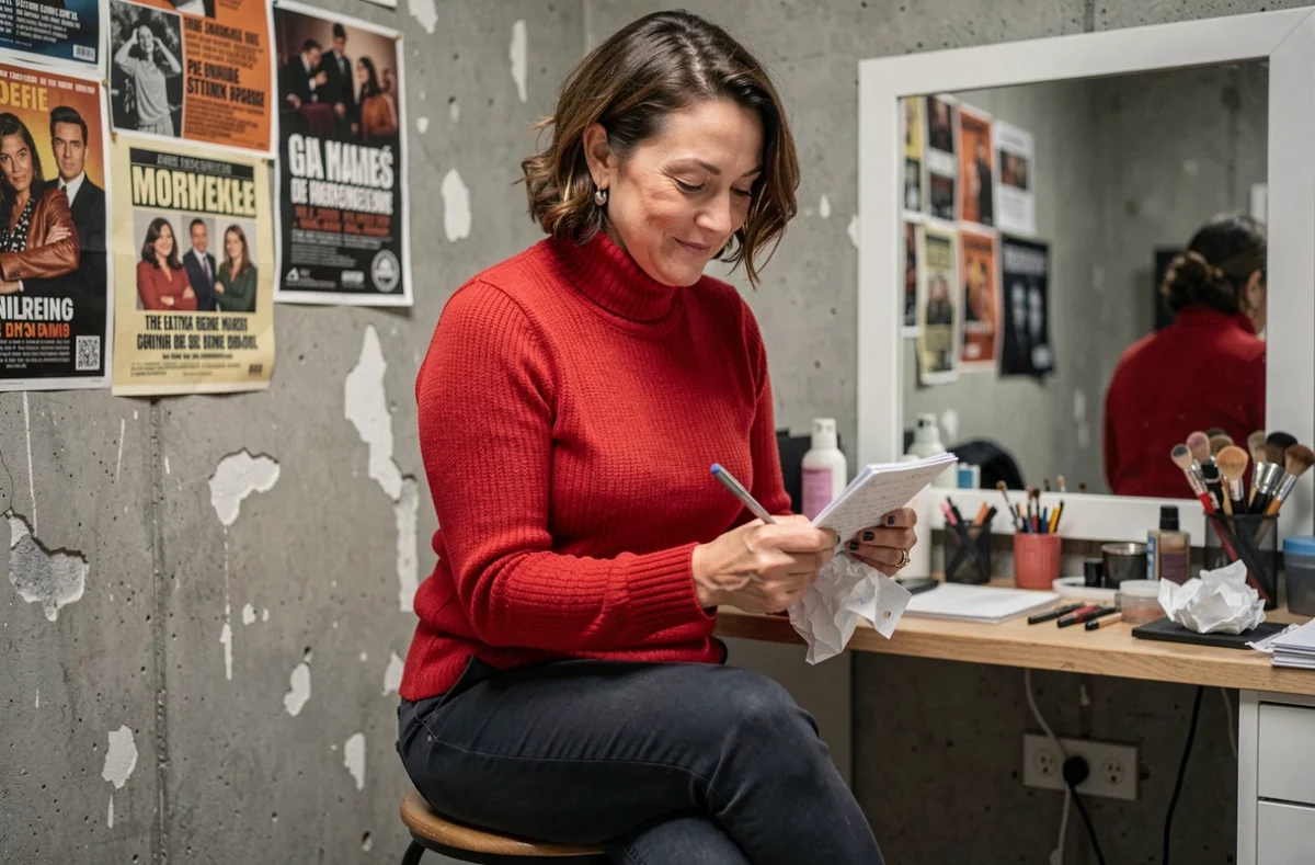 Humoriste française en coulisses consultant ses notes avant un spectacle, ambiance authentique et concentrée