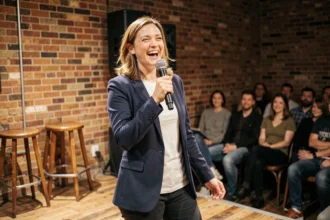 Humoriste française sur scène dans un comedy club parisien, micro en main, expression comique naturelle