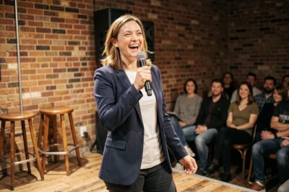 Humoriste française sur scène dans un comedy club parisien, micro en main, expression comique naturelle