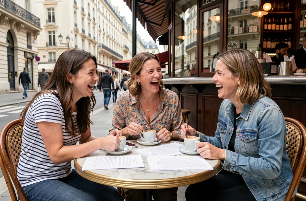 Trois humoristes françaises riant ensemble en terrasse de café à Paris, ambiance conviviale et spontanée