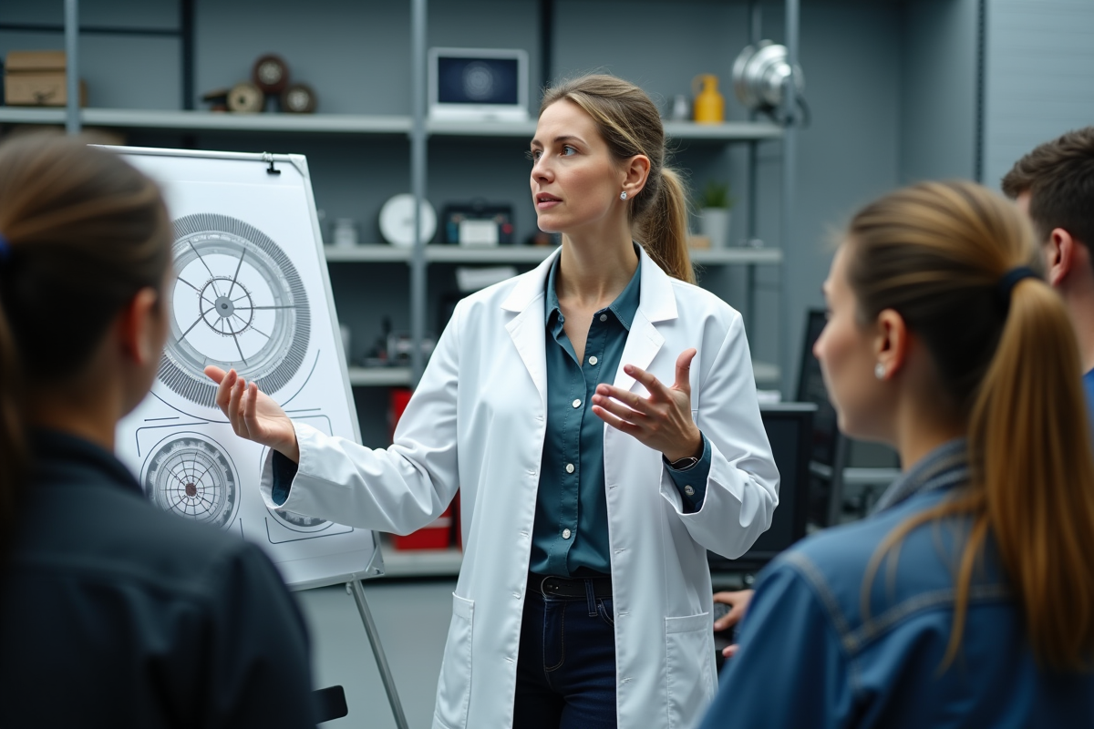 Ingénieure expliquant un diagramme de volant moteur à ses collègues