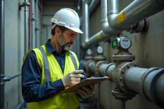 Inspecteur de sécurité examinant des conduites de gaz dans une installation industrielle à Lyon