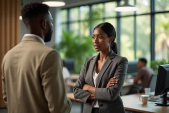 Tension entre deux collègues dans un bureau en Guadeloupe, illustrant une situation de conflit verbal au travail liée à une insulte créole