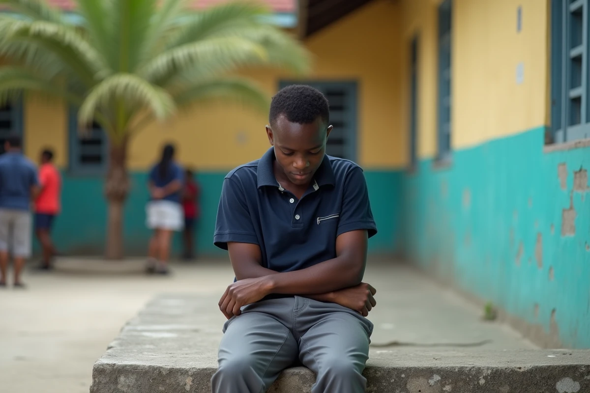 Adolescent isolé dans une cour d'école martiniquaise, évoquant l'impact d'une insulte en créole sur un élève dans le milieu scolaire