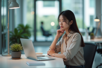 Jeune femme au bureau utilisant un ordinateur portable
