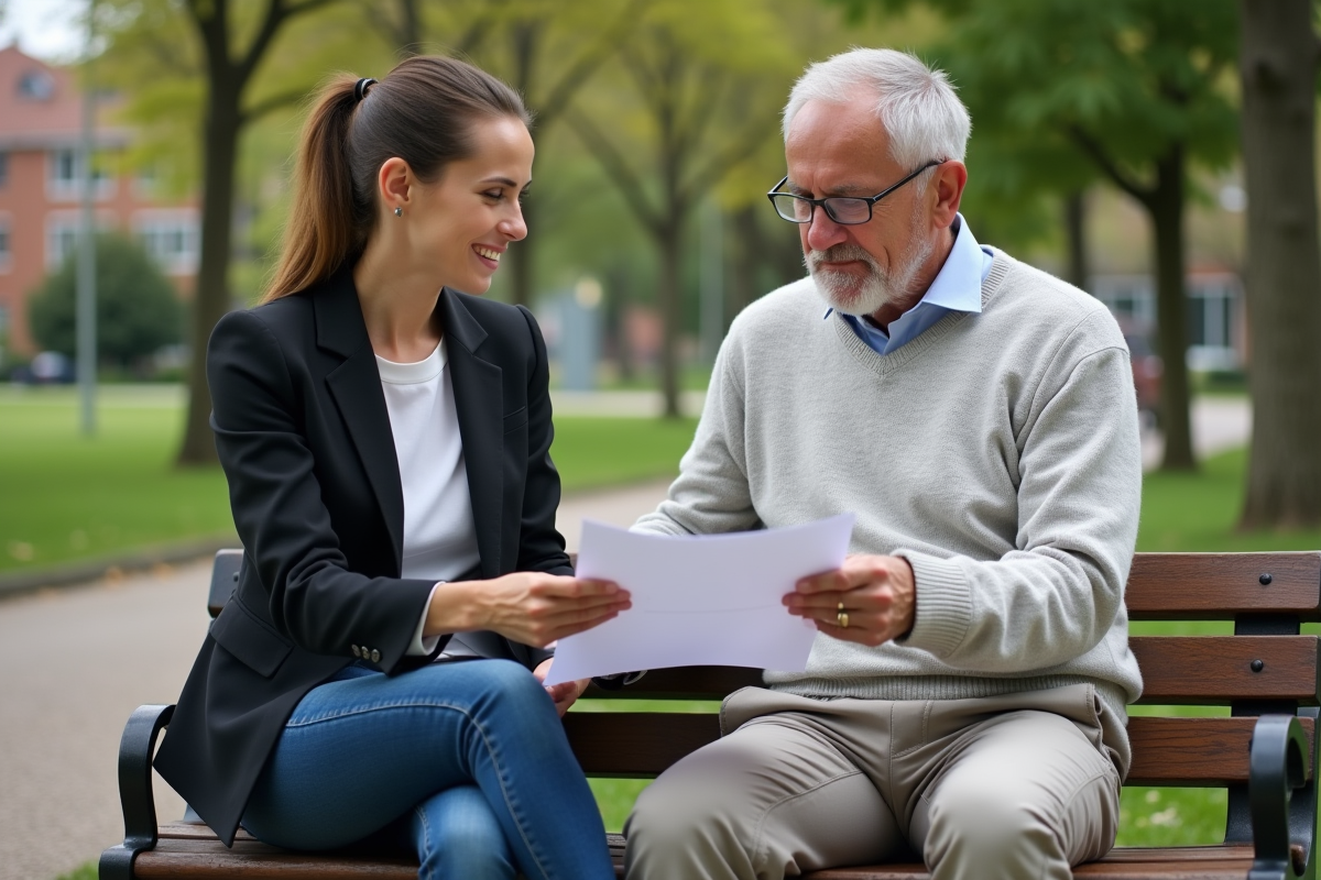 Jeune femme professionnelle discute avec un homme dans un parc