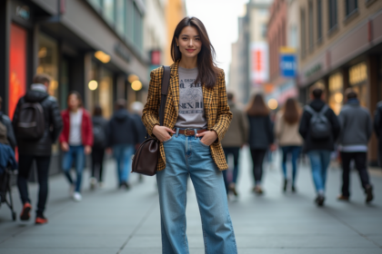 Jeune femme stylée en ville avec blazer et sneakers