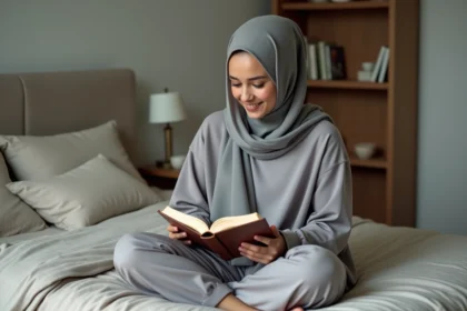 Jeune femme en hijab lisant le Quran dans sa chambre