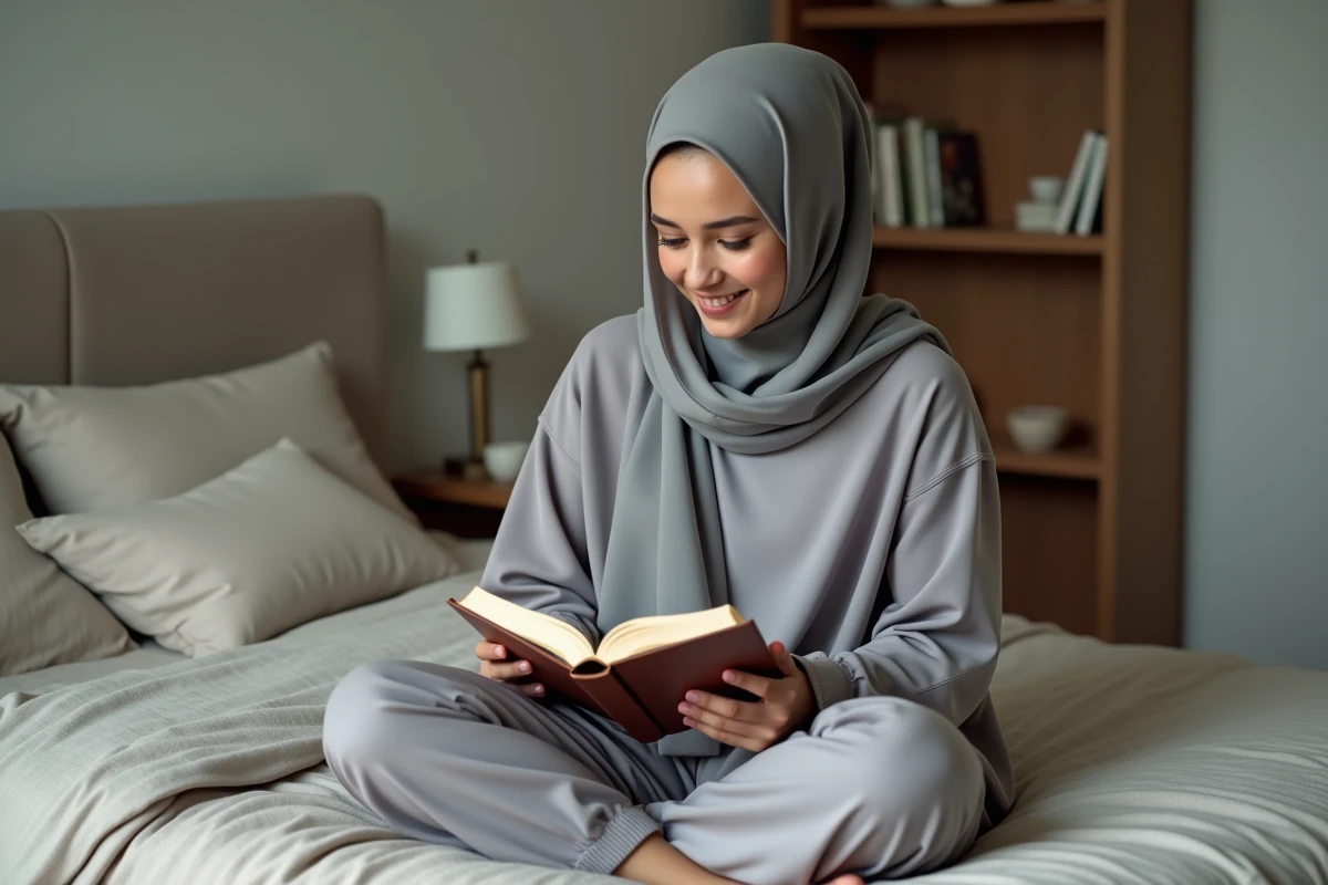 Jeune femme en hijab lisant le Quran dans sa chambre