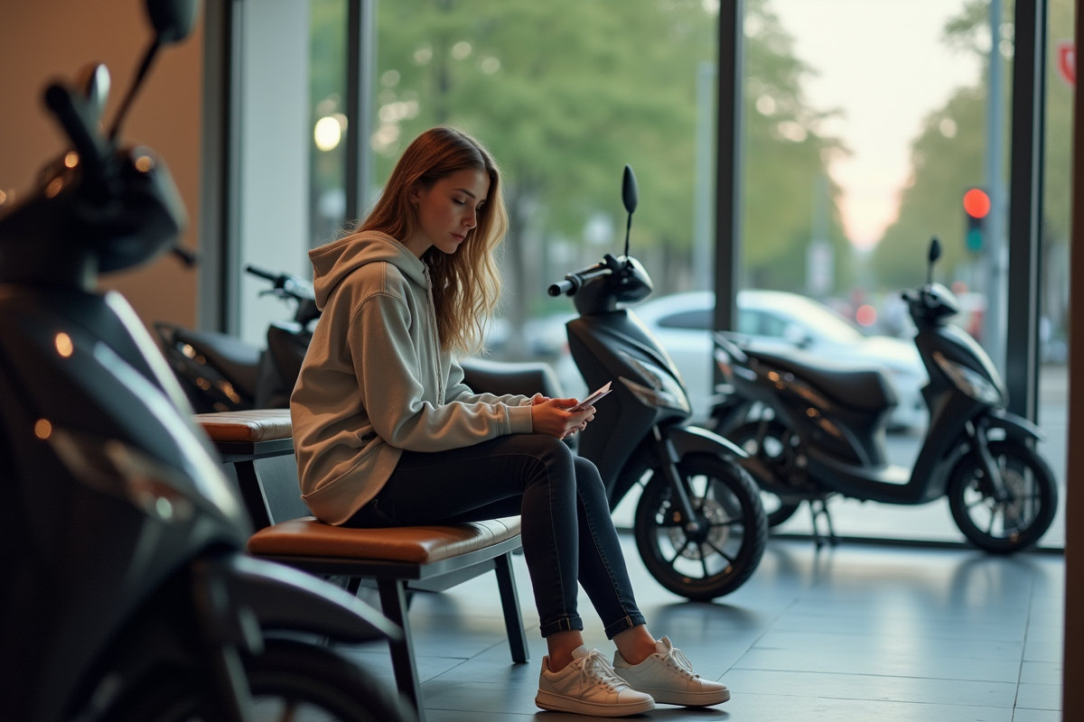 Jeune femme contemplant des motos dans un showroom moderne