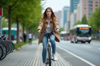 Jeune femme à vélo dans une ville moderne et verte