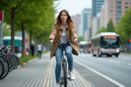 Jeune femme à vélo dans une ville moderne et verte
