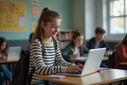 Jeune fille en classe avec ordinateur et interface MBN