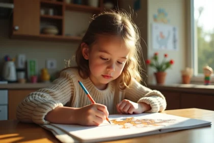 Jeune fille dessinant un charizard dans son carnet à la maison