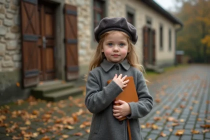Jeune fille avec beret devant école ancienne en automne