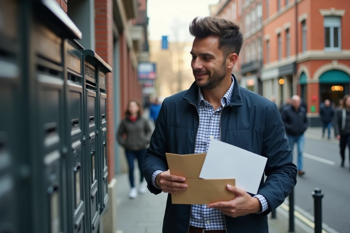 Jeune homme choisissant un timbre devant une boîte aux lettres urbaine