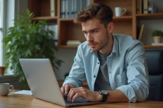 Jeune homme concentré utilisant un convertisseur pouces en cm