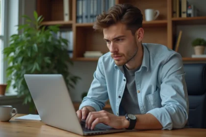 Jeune homme concentré utilisant un convertisseur pouces en cm